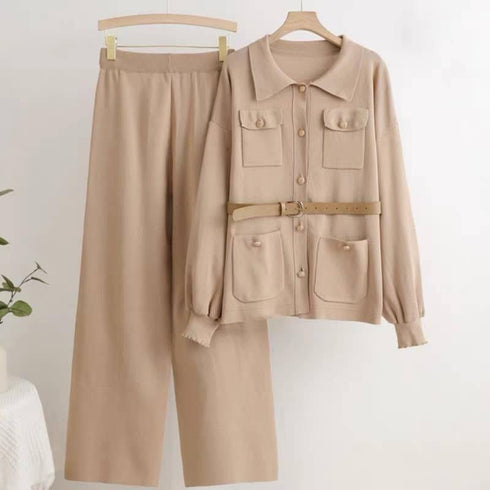 Women High Fashionable Knitted Co-Ord Sets With Belt